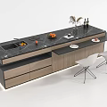Modern Kitchen Island Design With Black Marble Countertop Fruits Wine Bottles Vase And White Chairs