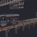 Modern Electric Tram With Illuminated Headlights Running On Elevated Track And Carriages 3d model