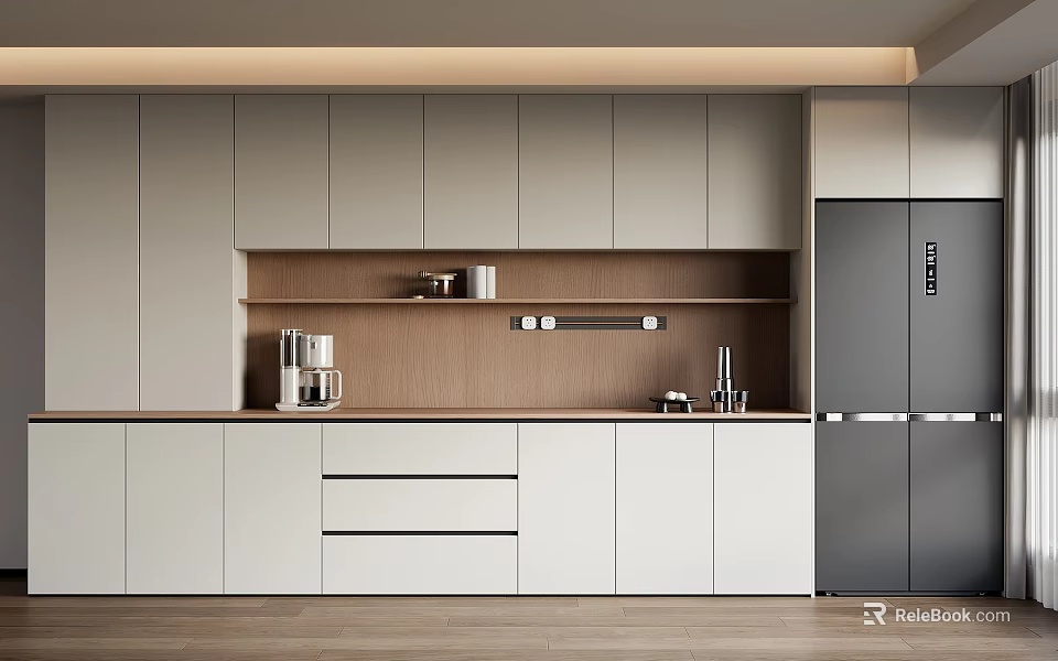 Modern Kitchen Sideboard With White Cabinets Wooden Countertop And Storage Drawers 3d model 