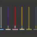 Colorful Mops With Long Handles And Various Colored Heads On Dark Background