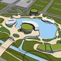 Modern Architectural Complex Design Featuring Green Roofs Water Pond And Curved Pathways 3d model