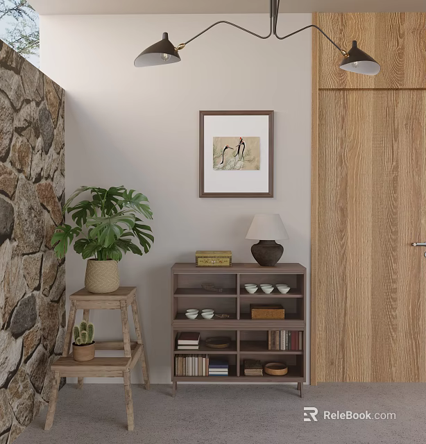 Rustic Decorative Cabinet With Potted Plants Wall Art Books And Bowls 3d model 