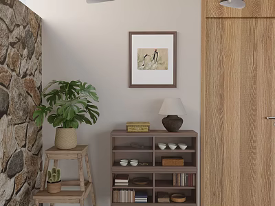 Rustic Decorative Cabinet With Potted Plants Wall Art Books And Bowls 3d model