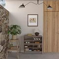 Rustic Decorative Cabinet With Potted Plants Wall Art Books And Bowls
