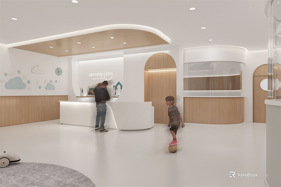 Bright Modern Kindergarten Interior With Children Playing Staff At Wooden Counter And Cloud Decorations 3d model 