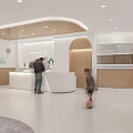 Bright Modern Kindergarten Interior With Children Playing Staff At Wooden Counter And Cloud Decorations