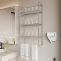Stylish Bathroom Space With Metal Shelf Glass Cups Hair Dryer And Gray Towels