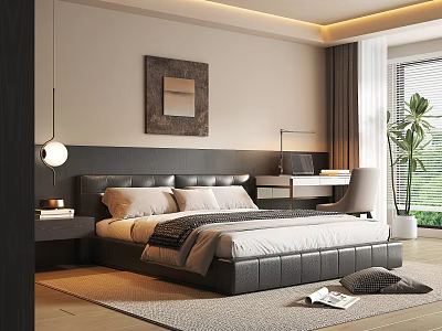 Modern Bedroom Interior With Black Leather Headboard White Bedding Desk Decorative Painting And Plant 3d model