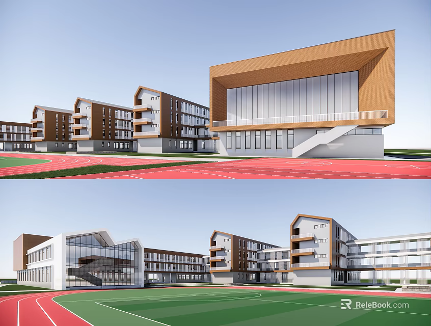 Modern School Buildings With Glass Curtain Walls Classroom Blocks Gymnasium And Sports Track 3d model 
