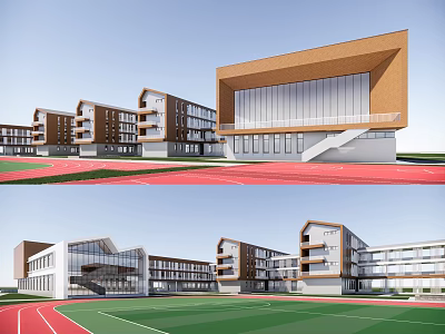 Modern School Buildings With Glass Curtain Walls Classroom Blocks Gymnasium And Sports Track 3d model