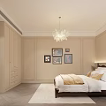 Elegant Bedroom Interior Design With Beige Tones Bed Chandelier And Decorative Paintings