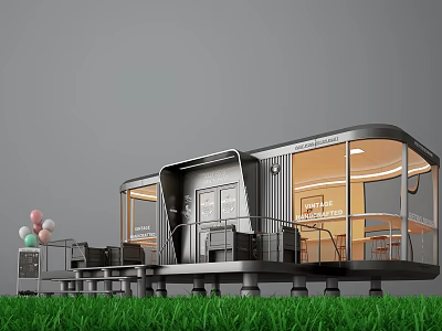 Small Black Mobile Café Structure With Large Windows Grassy Area And Colorful Balloons 3d model
