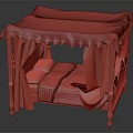 Double Bed With Red Canopy Wooden Frame Red Bedspread Yellow Floral Patterns White Pillows White Curtains