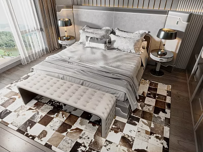 Modern Double Bed Interior With Bedside Tables Table Lamps Bench And Checkered Rug 3d model