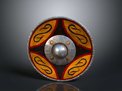 Traditional Shield Sculpture Featuring Intricate Carving Yellow Black Pattern And Red Curved Motifs 3d model