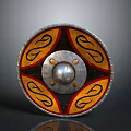 Traditional Shield Sculpture Featuring Intricate Carving Yellow Black Pattern And Red Curved Motifs