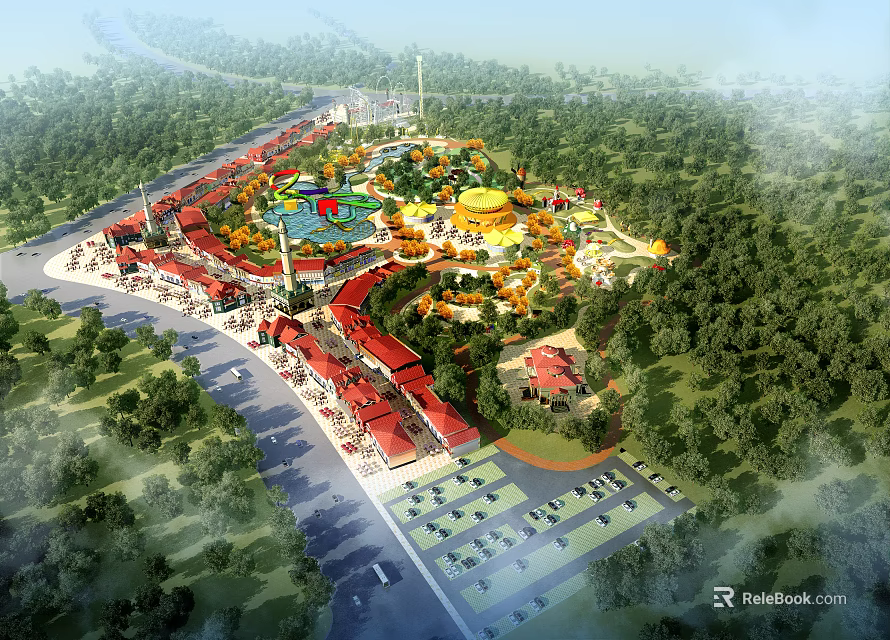 Amusement Park Aerial View With Rides Buildings Parking And Forests 3d model 