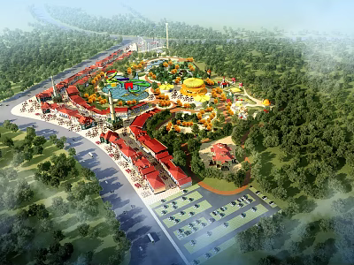 Amusement Park Aerial View With Rides Buildings Parking And Forests 3d model