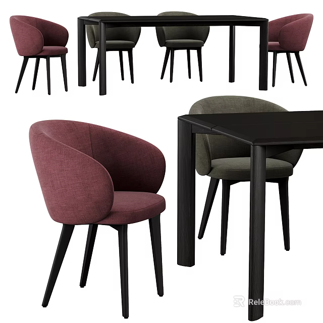 Modern Dining Table Set With Black Table And Upholstered Plum Green Chairs 3d model 