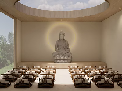 Serene Buddha Statue Hall Interior With Circular Skylight Wooden Seats And Green View 3d model
