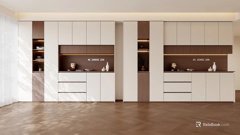 Elegant Modern Sideboard Cabinet With White Wood Finish Storage Compartments And Dining Room Decor 3d model 