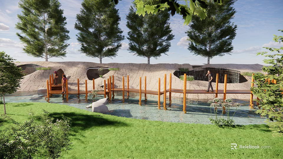 Wooden Boardwalk Road Facility With Water Area Green Plants Trees And People Walking 3d model 