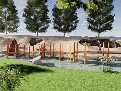 Wooden Boardwalk Road Facility With Water Area Green Plants Trees And People Walking 3d model