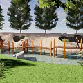 Wooden Boardwalk Road Facility With Water Area Green Plants Trees And People Walking