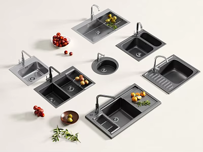Various Modern Kitchen Sinks with Faucets and Fresh Fruits Vegetables 3d model