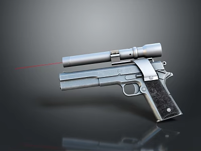 Silver Pistol Weapon with Red Laser Sight Cylindrical Attachment and Black Grip 3d model