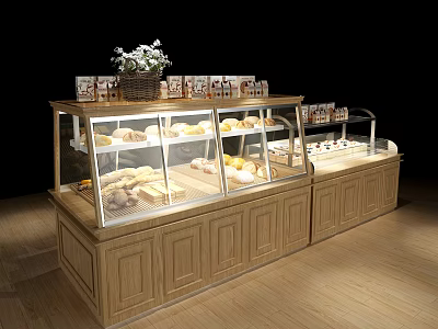 Wooden Bakery Display Cabinet Shelf With Glass Cover Bread Pastries And Flower Arrangement 3d model