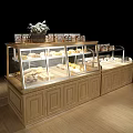 Wooden Bakery Display Cabinet Shelf With Glass Cover Bread Pastries And Flower Arrangement
