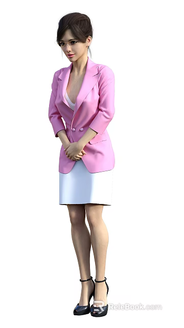 A Woman Wearing Pink Blazer And White Skirt With Hands Clasped In Front 3d model 