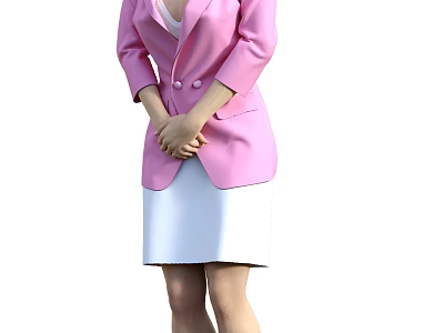A Woman Wearing Pink Blazer And White Skirt With Hands Clasped In Front 3d model