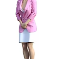 A Woman Wearing Pink Blazer And White Skirt With Hands Clasped In Front