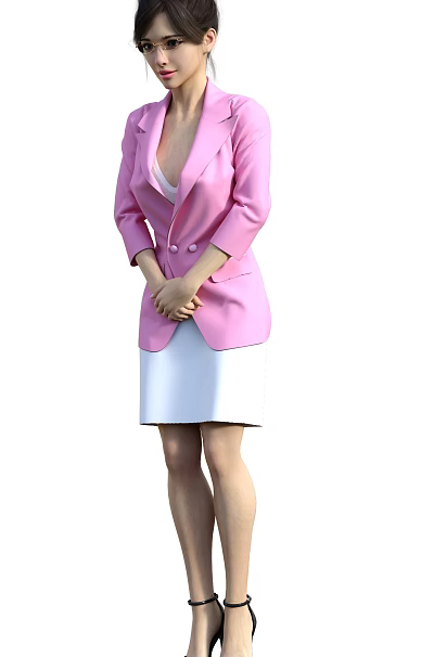 A Woman Wearing Pink Blazer And White Skirt With Hands Clasped In Front 3d model