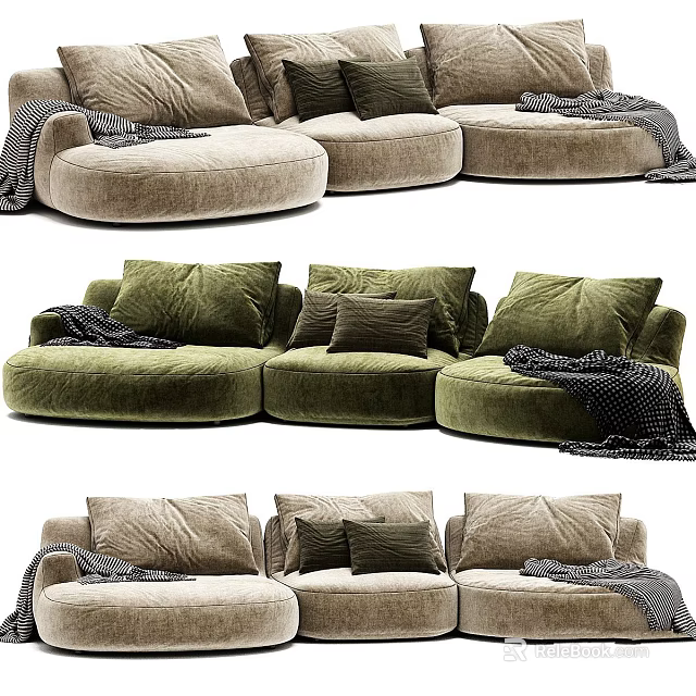 Cozy Modular Sofa In Green And Beige With Pillows And Blankets 3d model 