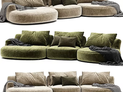 Cozy Modular Sofa In Green And Beige With Pillows And Blankets 3d model