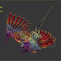 Mechanical Mythical Creature With Red Blue Wings Spiked Head And Golden Gear