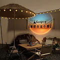 Outdoor Restaurant With Straw Umbrellas Tents String Lights And City Skyline At Night