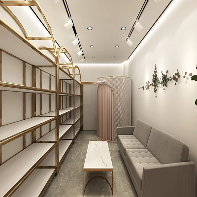 Modern Clothing Store Interior With Stylish Shelves Gray Sofa And Decorative Plants 3d model