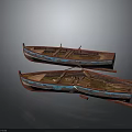 Two Vintage Traditional Wooden Boats with Weathered Wood Structure and Red Blue Accents