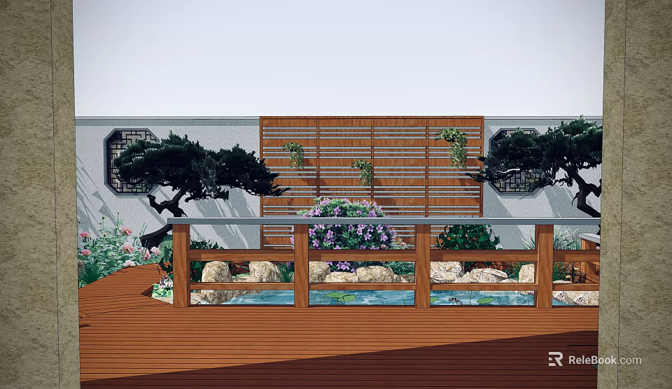 Beautiful Garden Landscape With Wooden Deck Railing Rock Formations Flowers Pine Trees And Pond 3d model 