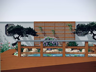 Beautiful Garden Landscape With Wooden Deck Railing Rock Formations Flowers Pine Trees And Pond 3d model