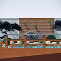 Beautiful Garden Landscape With Wooden Deck Railing Rock Formations Flowers Pine Trees And Pond