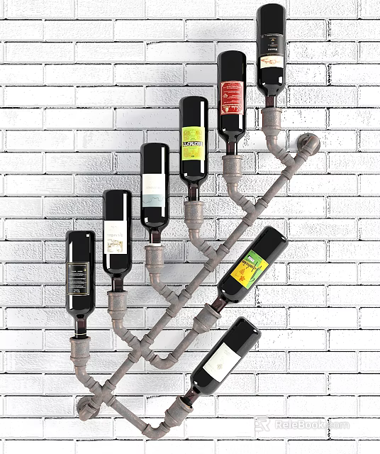 Industrial Style Wine Cabinet With Metal Pipe Structure Displaying Wine Bottles Against White Brick Wall 3d model 