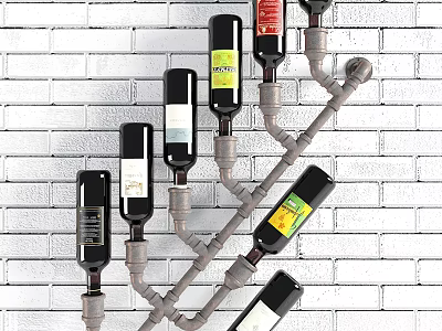 Industrial Style Wine Cabinet With Metal Pipe Structure Displaying Wine Bottles Against White Brick Wall 3d model