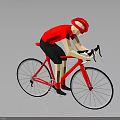 Cyclist In Red Shirt And Cap Riding Red Bicycle With Black Shorts On Gray Background