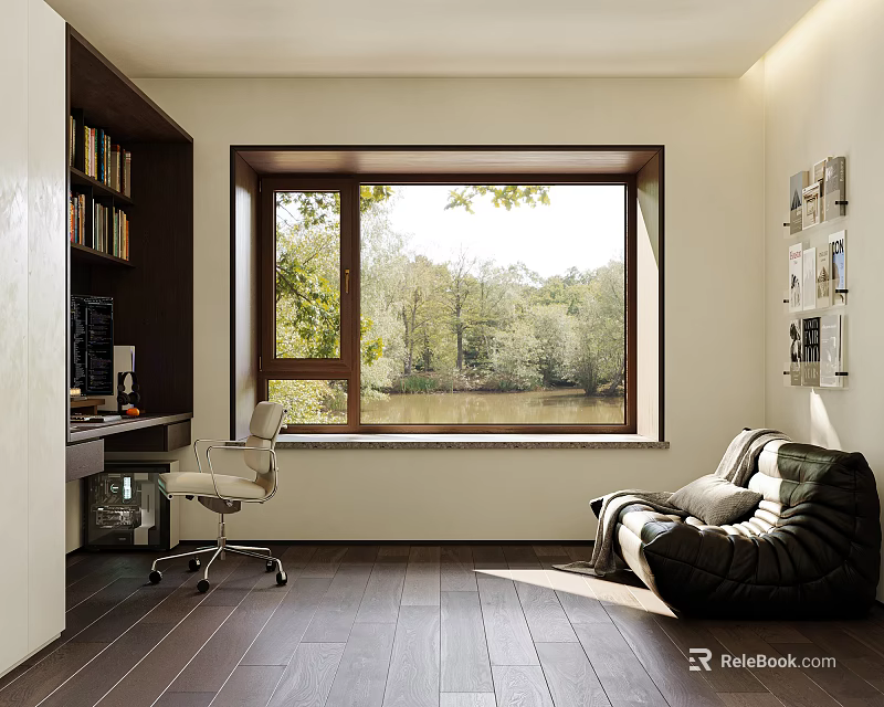 Study Room With Bookshelf Writing Desk Bean Bag Chair And Lake View Through Window 3d model 