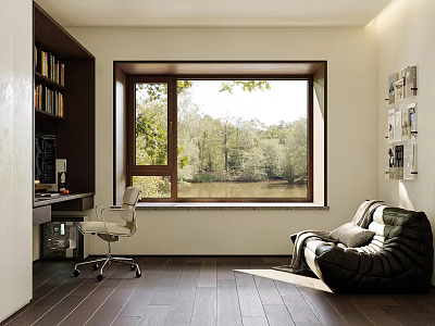 Study Room With Bookshelf Writing Desk Bean Bag Chair And Lake View Through Window 3d model